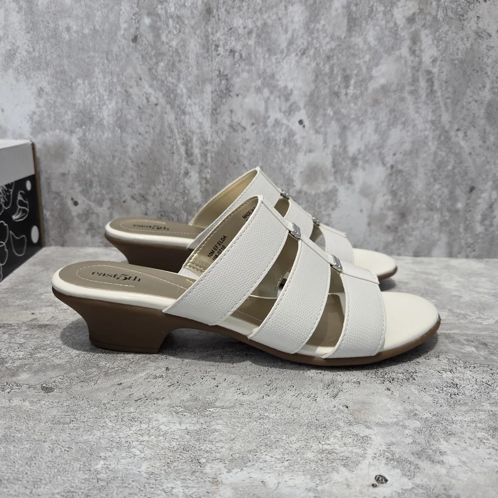East 5th Cream Triple-Strap Low Block Heel Slide Sandals